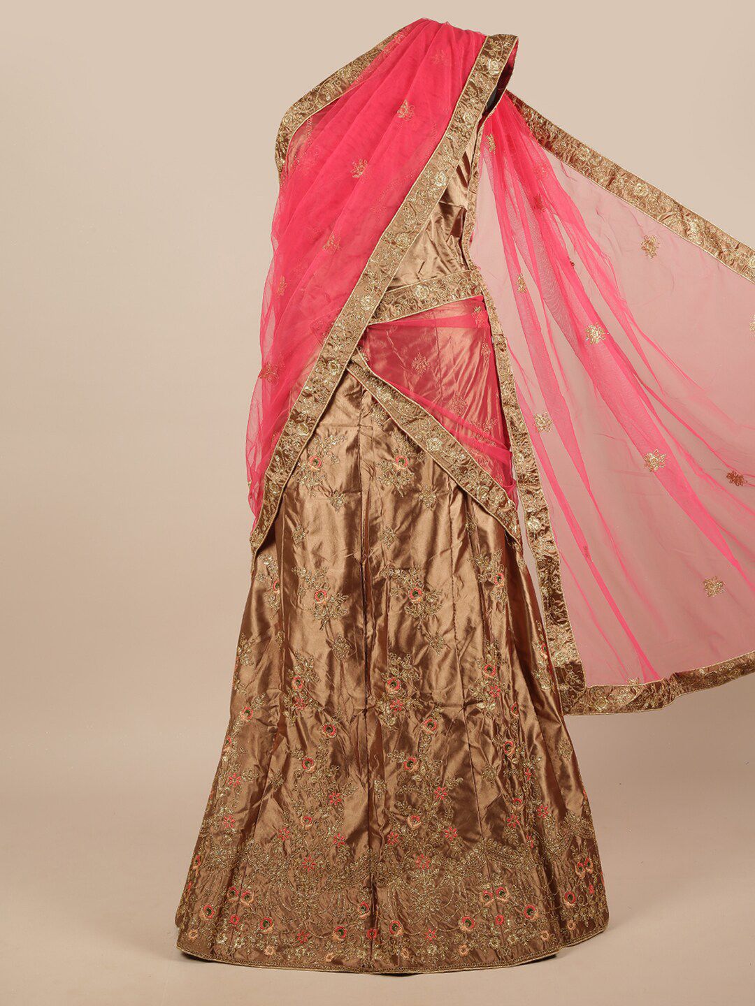 Pothys Pink & Brown Embroidered Unstitched Lehenga & Blouse With Dupatta Price in India