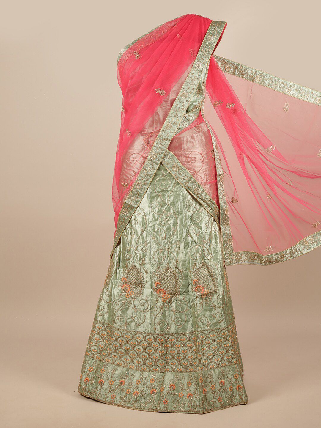 Pothys Pink & Green Embroidered Unstitched Lehenga & Blouse With Dupatta Price in India