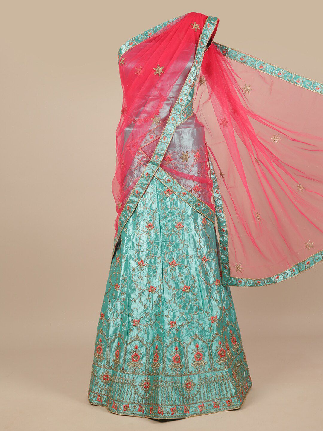 Pothys Pink & Turquoise Blue Embroidered Zardozi Unstitched Lehenga & Blouse With Dupatta Price in India