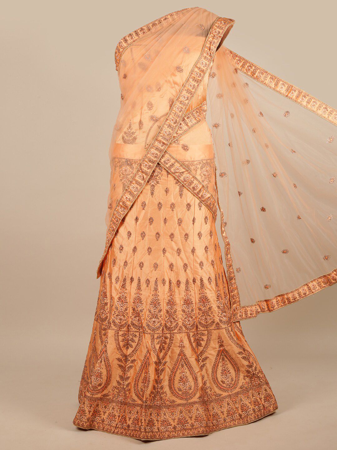 Pothys Peach-Coloured & Gold-Toned Embellished Beads and Stones Unstitched Lehenga & Blouse With Dupatta Price in India