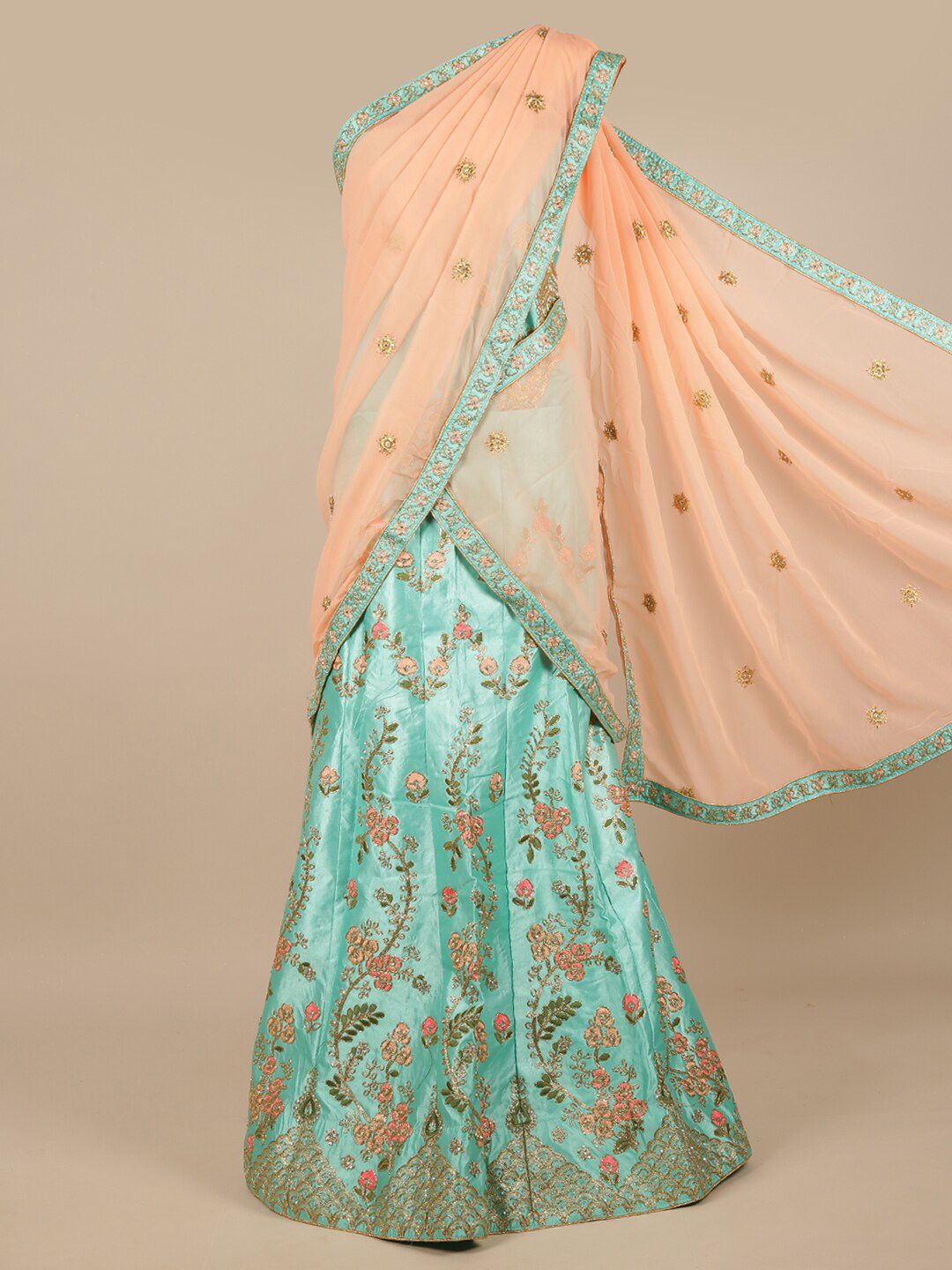 Pothys Peach-Coloured & Sea Green Embroidered Unstitched Lehenga & Blouse With Dupatta Price in India