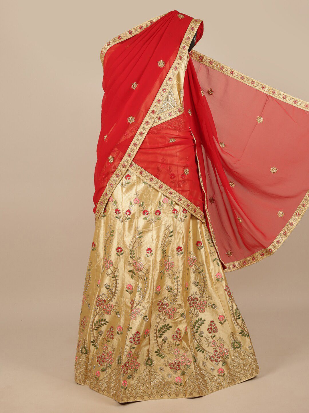 Pothys Red & Beige Embroidered Zardozi Unstitched Lehenga & Blouse With Dupatta Price in India