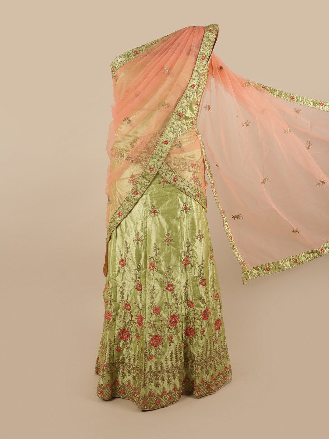 Pothys Green & Peach-Coloured Embroidered Unstitched Lehenga & Blouse With Dupatta Price in India