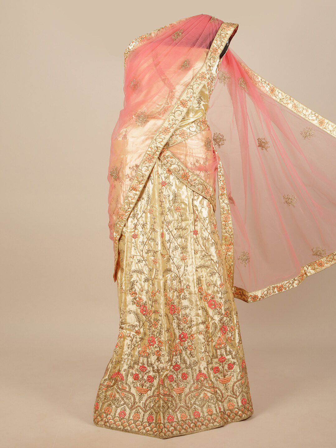 Pothys Pink & Cream-Coloured Embroidered Unstitched Lehenga & Blouse With Dupatta Price in India