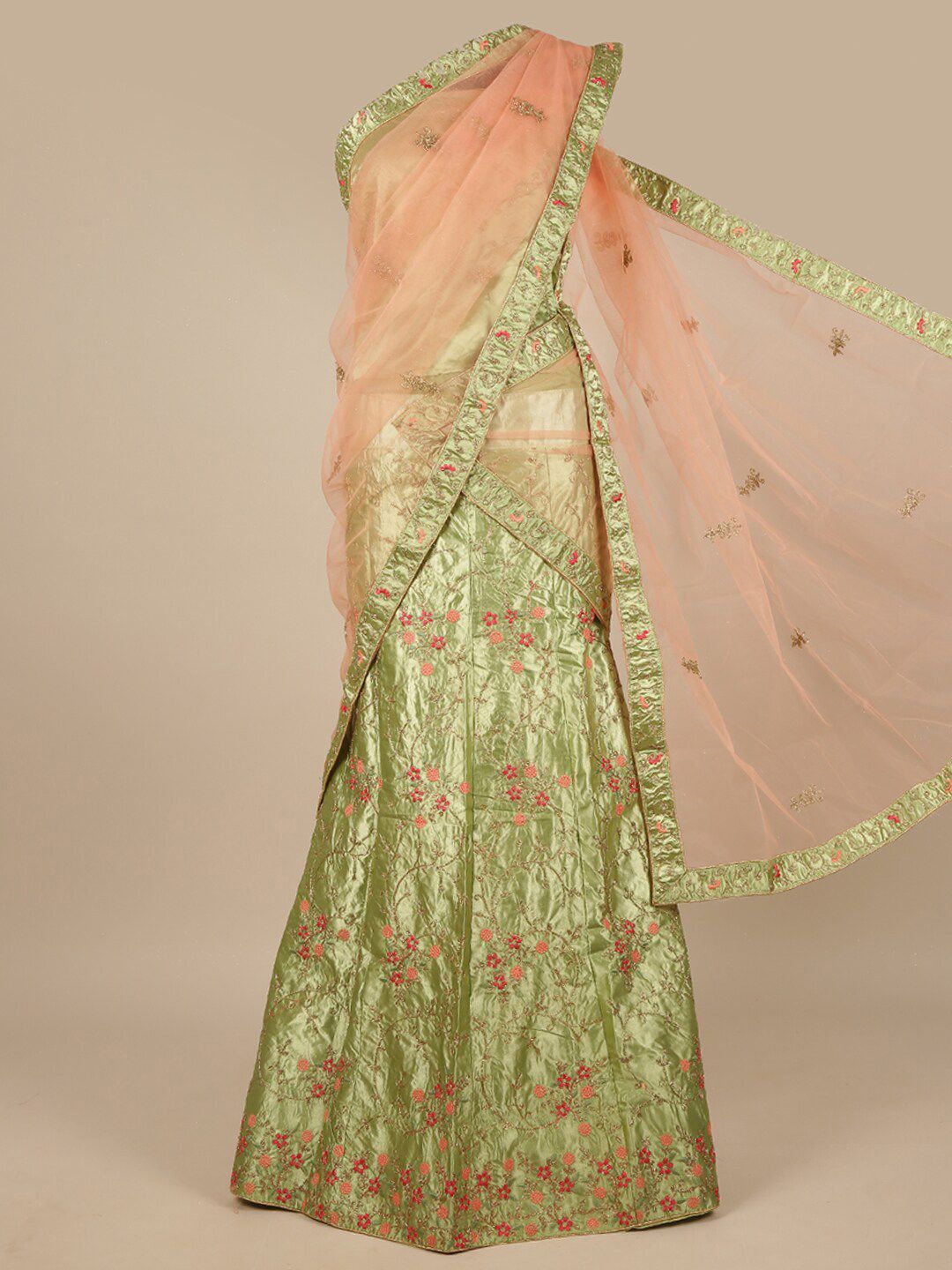Pothys Pink & Green Embroidered Beads and Stones Unstitched Lehenga & Blouse With Dupatta Price in India