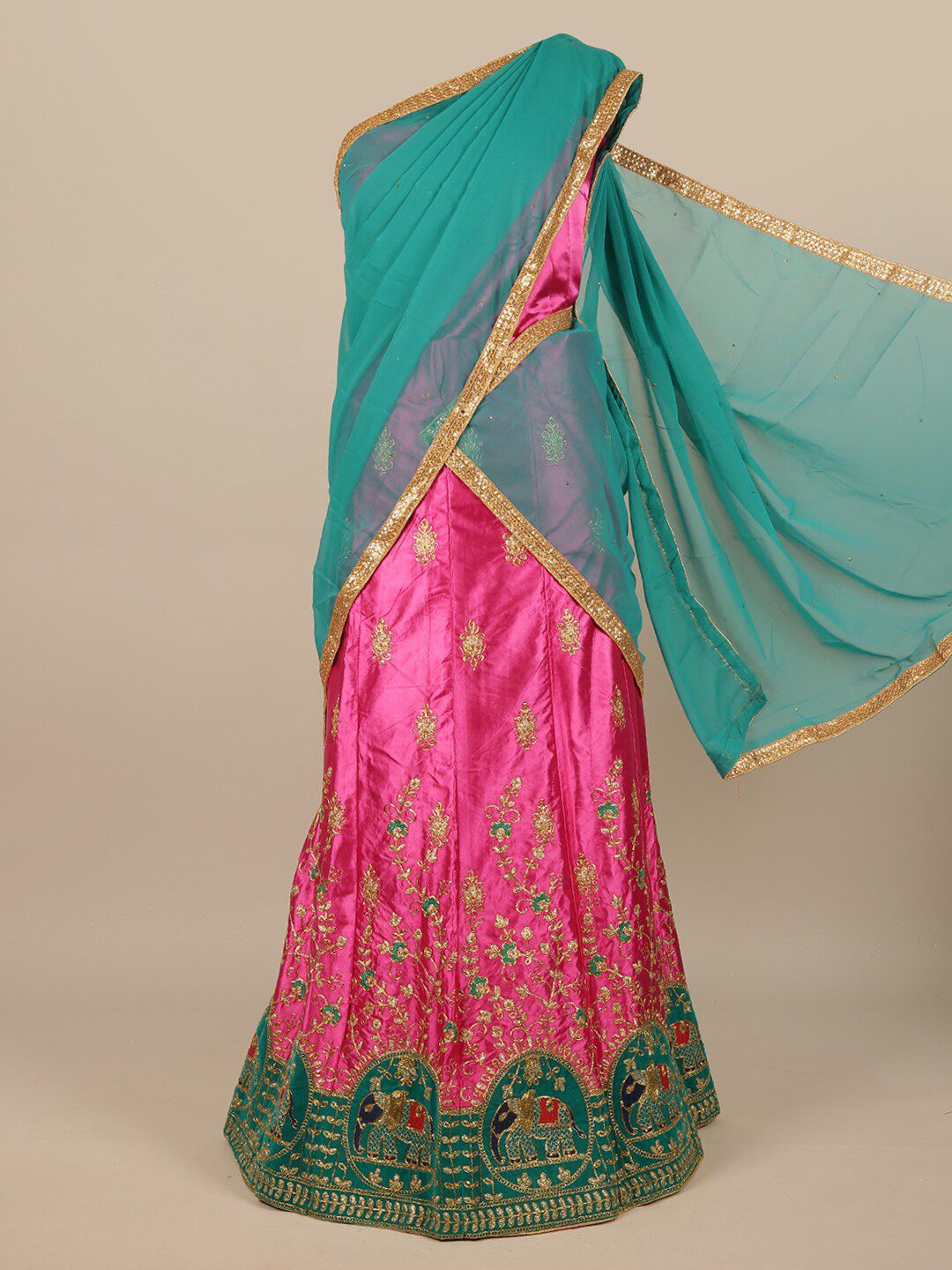 Pothys Women Blue & Pink Embroidered Unstitched Lehenga Choli With Dupatta Price in India