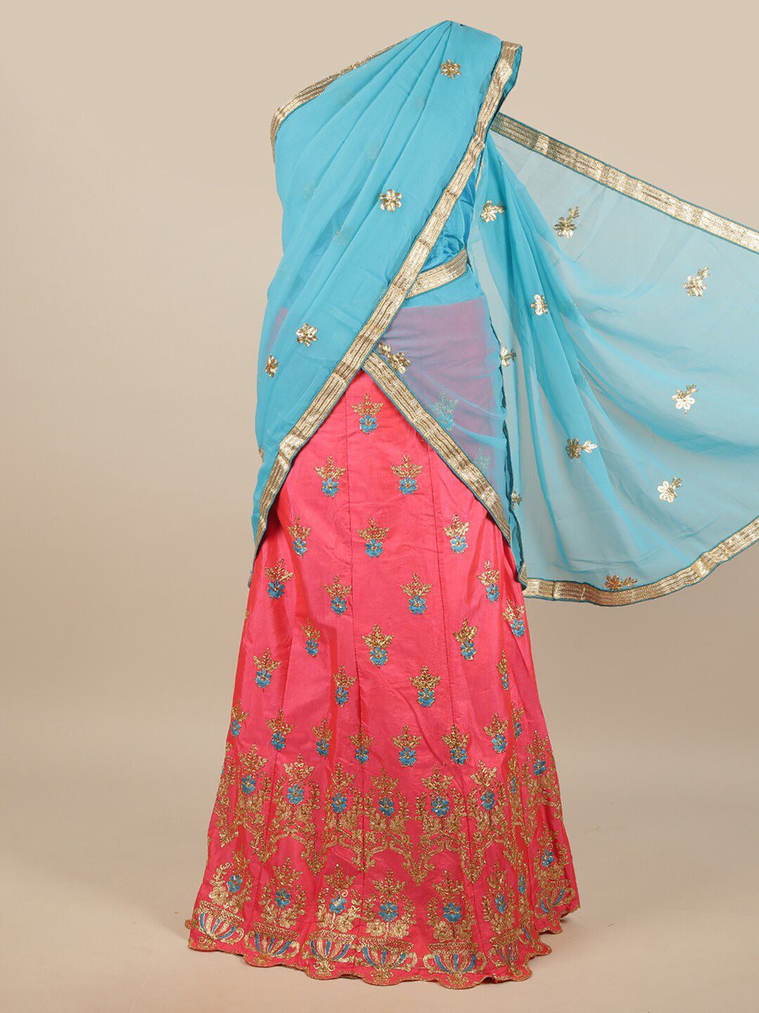 Pothys Woman Blue & Pink Embroidered Unstitched Lehenga & Blouse With Dupatta Price in India