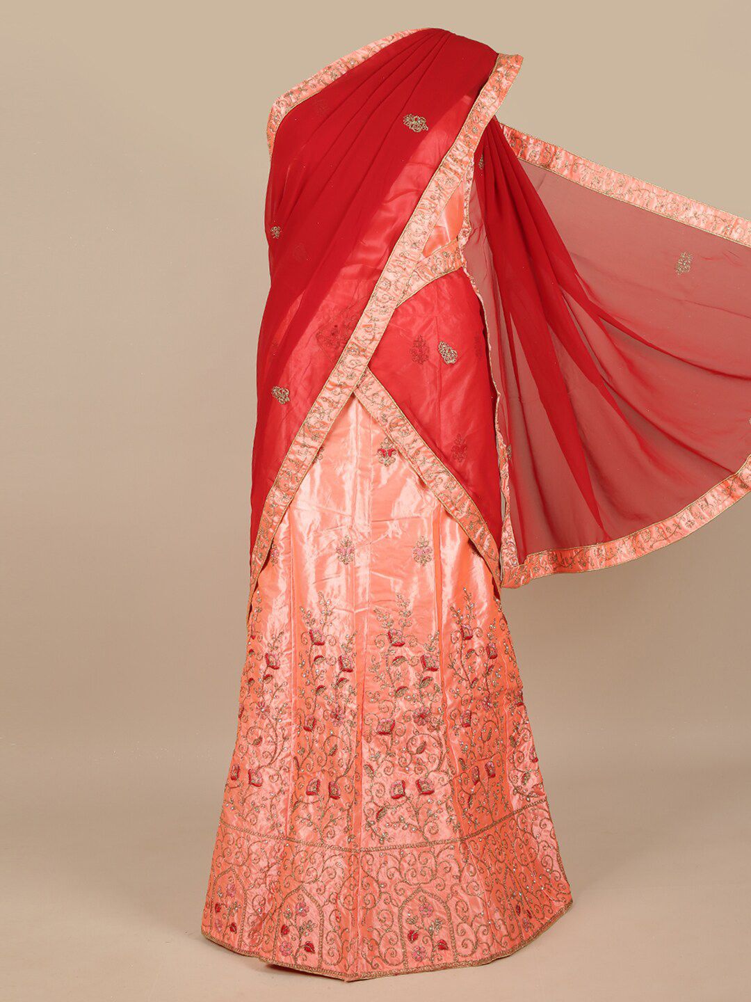 Pothys Maroon & Peach-Coloured Embroidered Unstitched Lehenga & Blouse With Dupatta Price in India