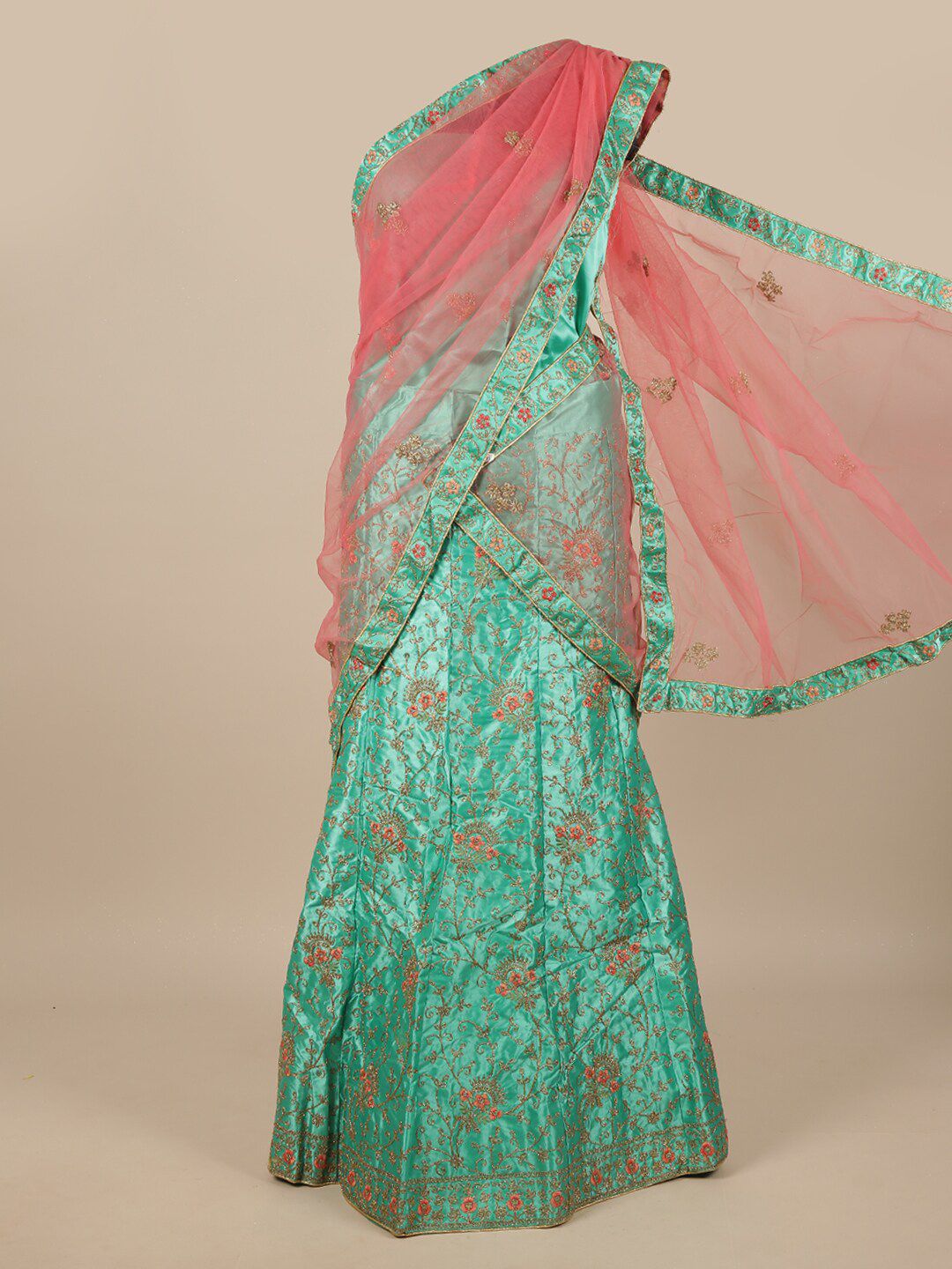 Pothys Pink & Green Embroidered Unstitched Lehenga & Blouse With Dupatta Price in India