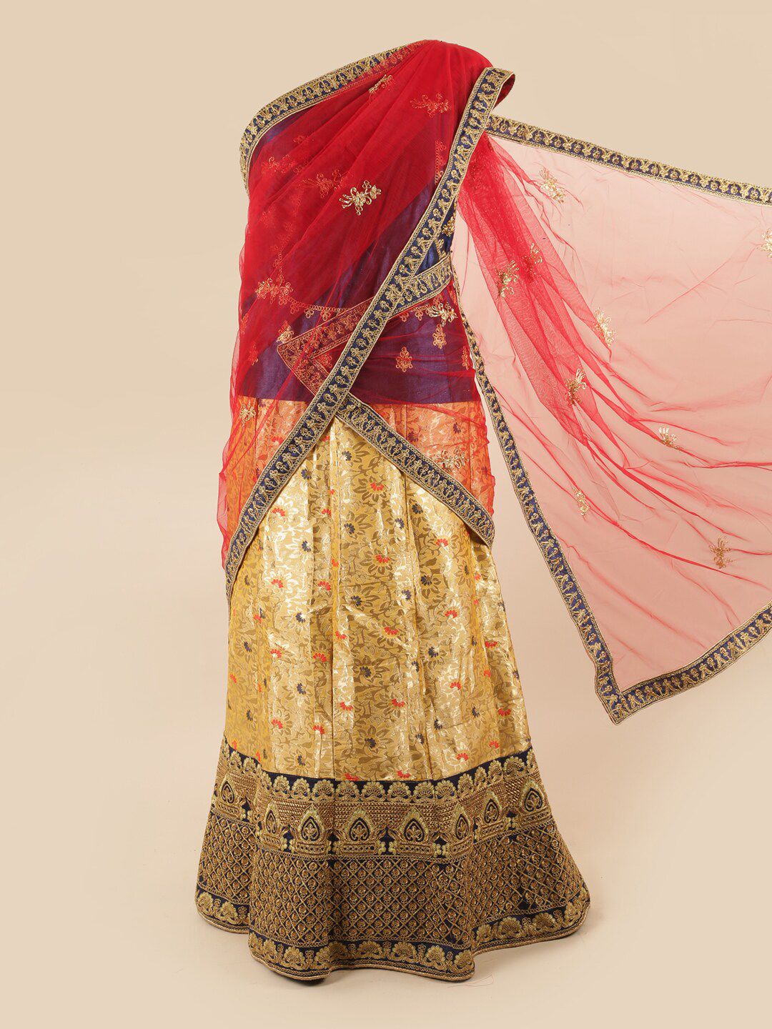 Pothys Red & Cream-Coloured Embroidered Unstitched Lehenga & Blouse With Dupatta Price in India