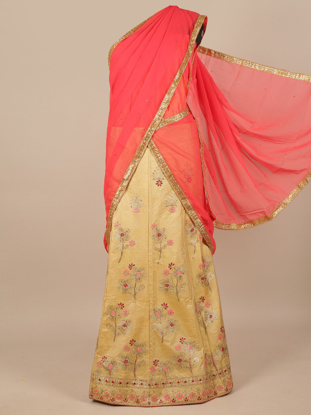 Pothys Pink & Gold-Toned Embroidered Beads and Stones Unstitched Lehenga & Blouse With Dupatta Price in India