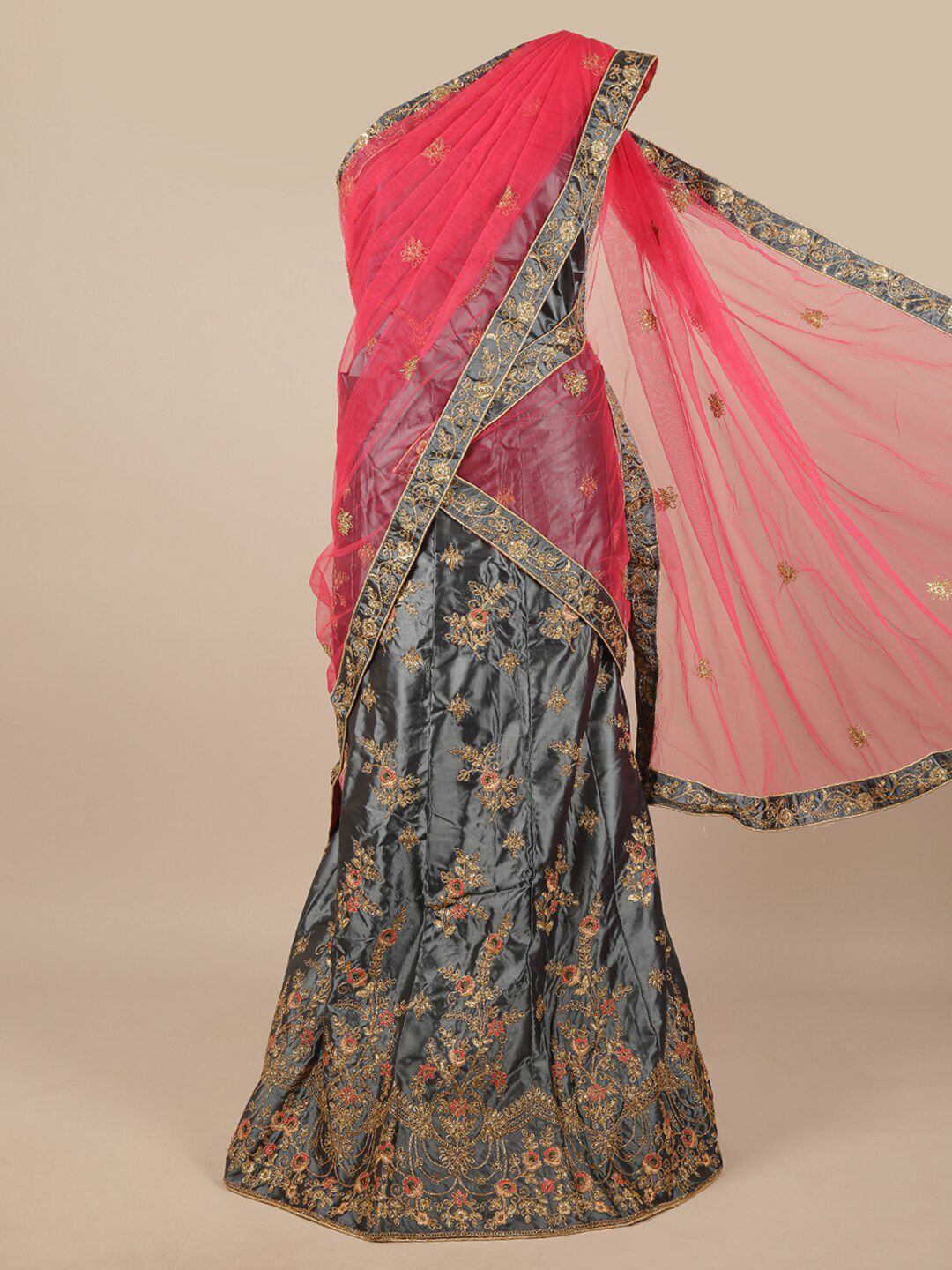 Pothys Grey & Pink Embroidered Unstitched Lehenga & Blouse With Dupatta Price in India