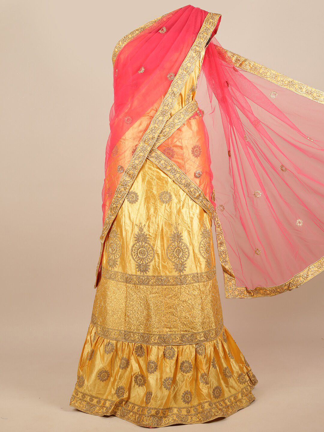 Pothys Pink & Yellow Embellished Beads and Stones Unstitched Lehenga & Blouse With Dupatta Price in India
