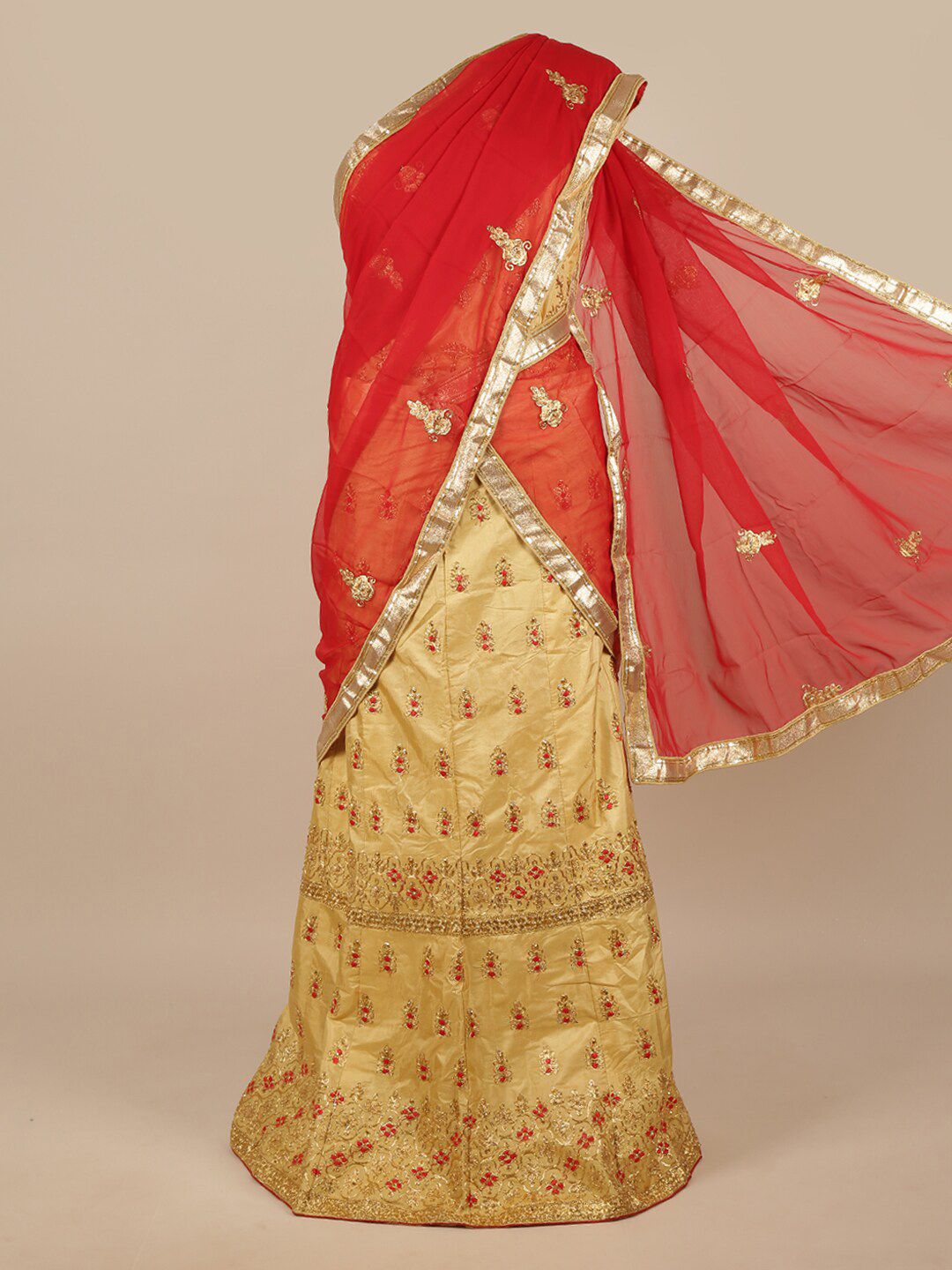 Pothys Red & Gold-Toned Embroidered Beads and Stones Unstitched Lehenga & Blouse With Dupatta Price in India
