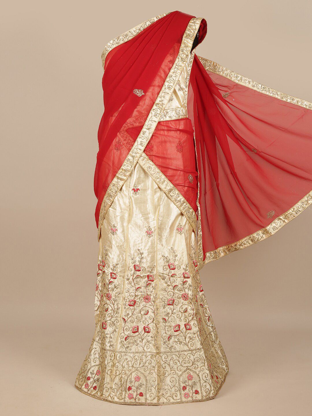Pothys Red & Cream-Coloured Embroidered Unstitched Lehenga & Blouse With Dupatta Price in India