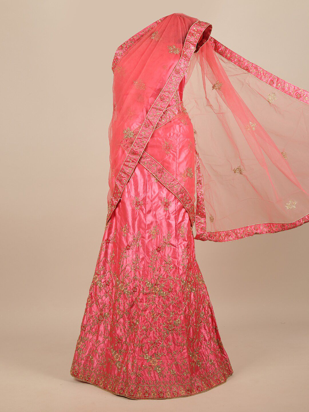 Pothys Pink & Gold-Toned Embroidered Unstitched Lehenga & Blouse With Dupatta Price in India