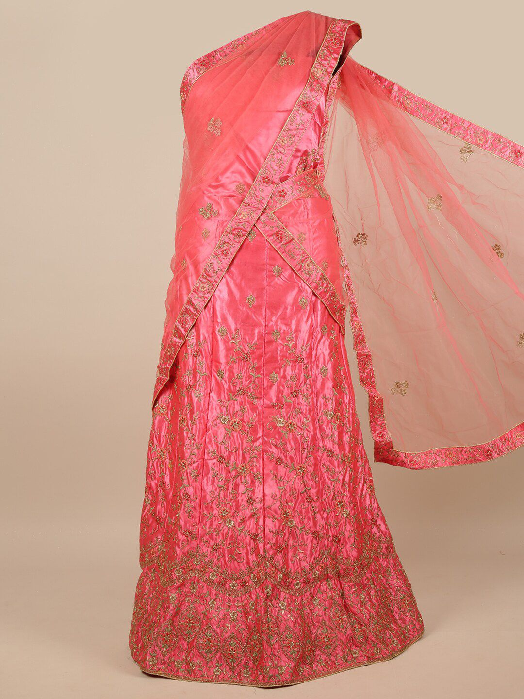 Pothys Pink & Silver-Toned Embroidered Unstitched Net Lehenga & Blouse With Dhavani Price in India