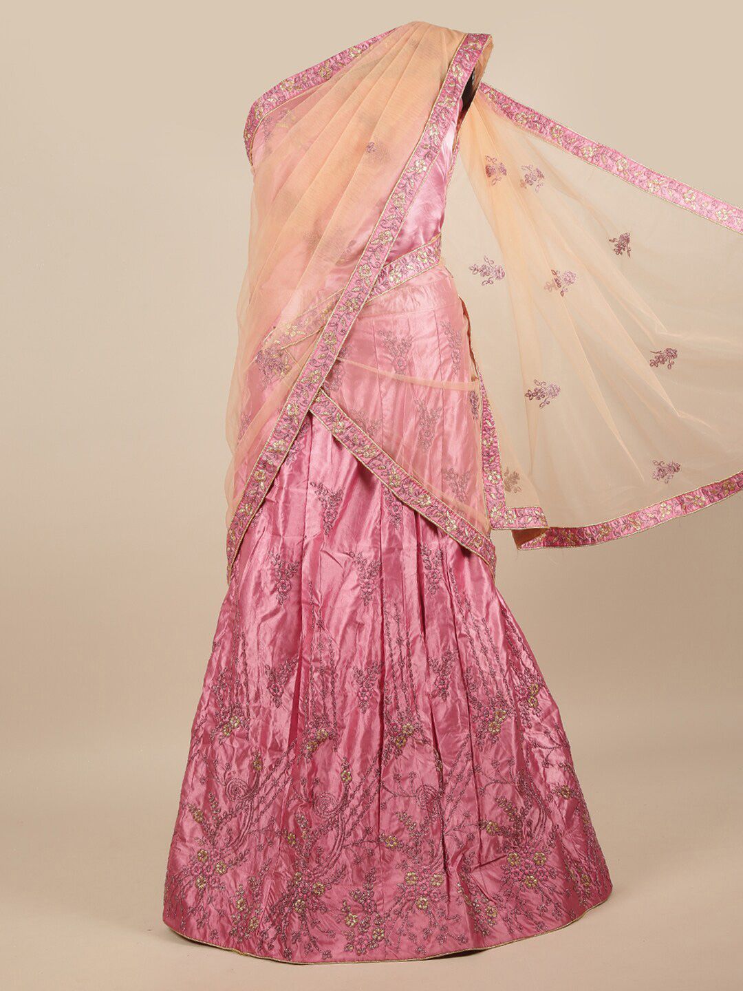 Pothys Peach-Coloured & Pink Embroidered Unstitched Lehenga & Blouse With Dhavani Price in India