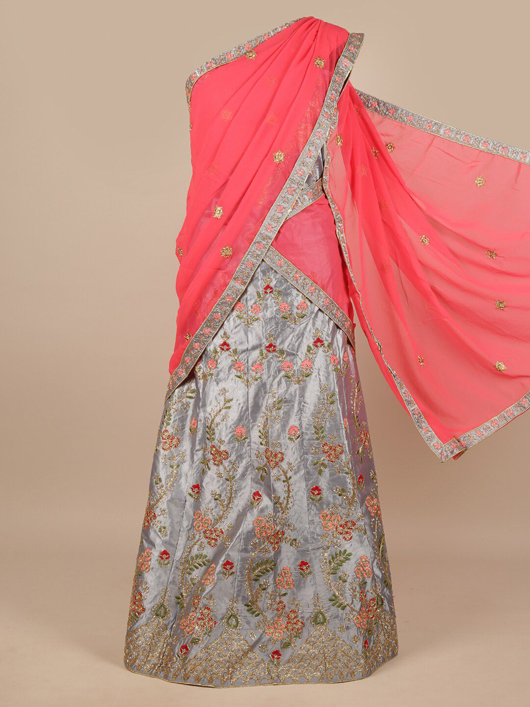 Pothys Pink & Grey Embroidered Zardozi Unstitched Lehenga & Blouse With Dupatta Price in India