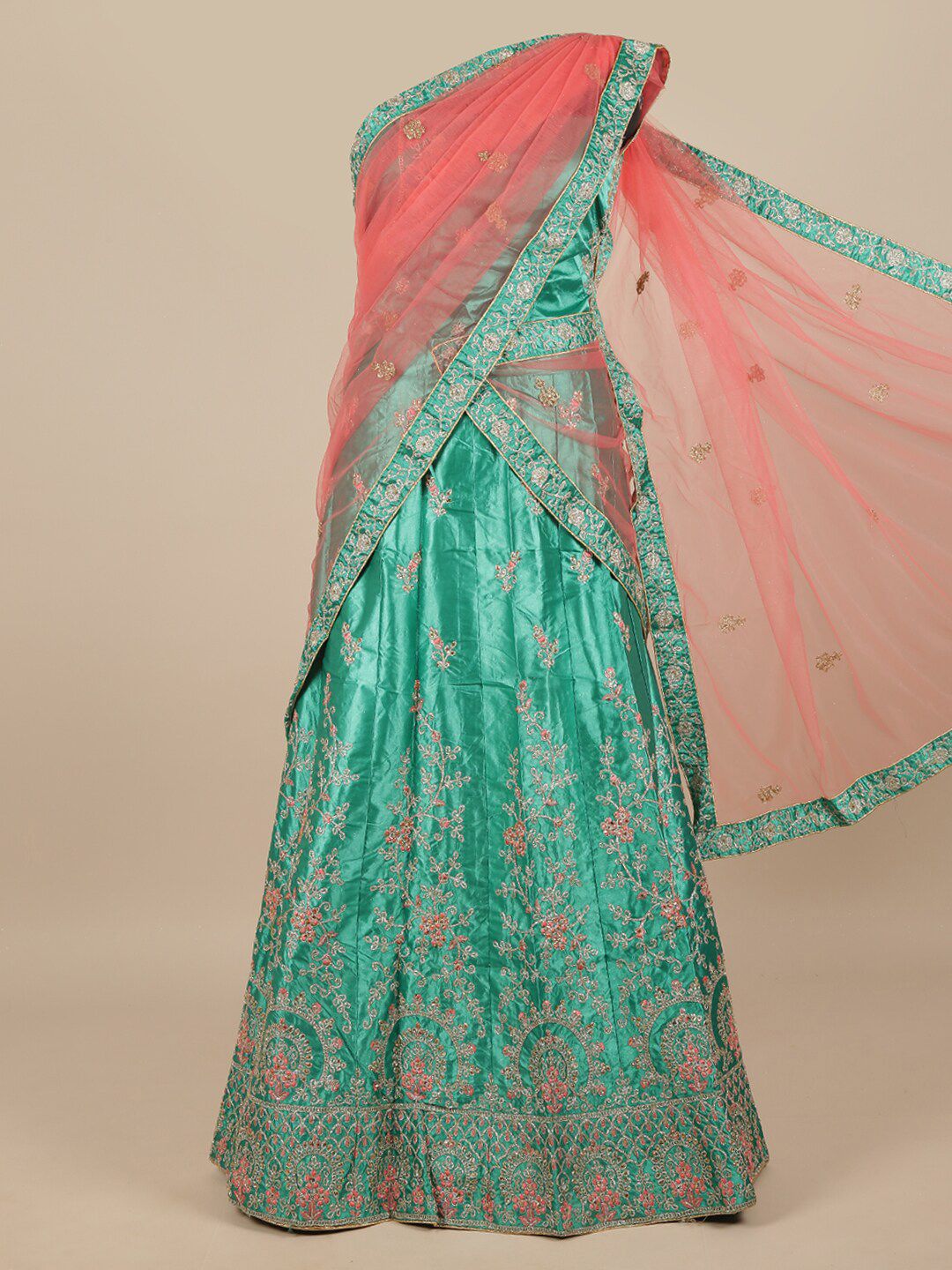 Pothys Pink & Green Embroidered Unstitched Lehenga & Blouse With Dupatta Price in India