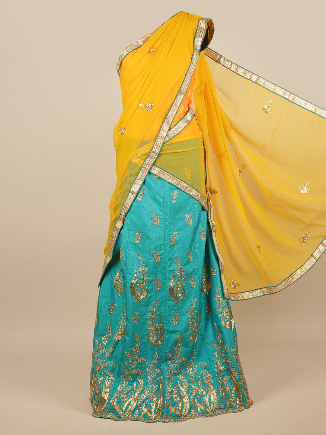 Pothys Yellow & Blue Embroidered Unstitched Lehenga & Blouse With Dupatta Price in India