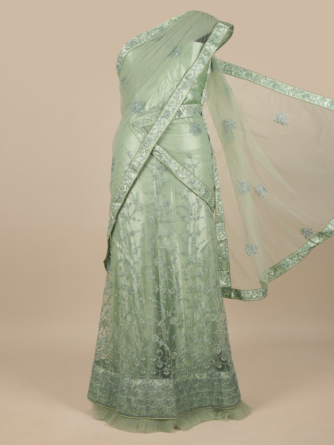 Pothys Green & Silver-Toned Embroidered Zardozi Unstitched Lehenga & Blouse With Dupatta Price in India