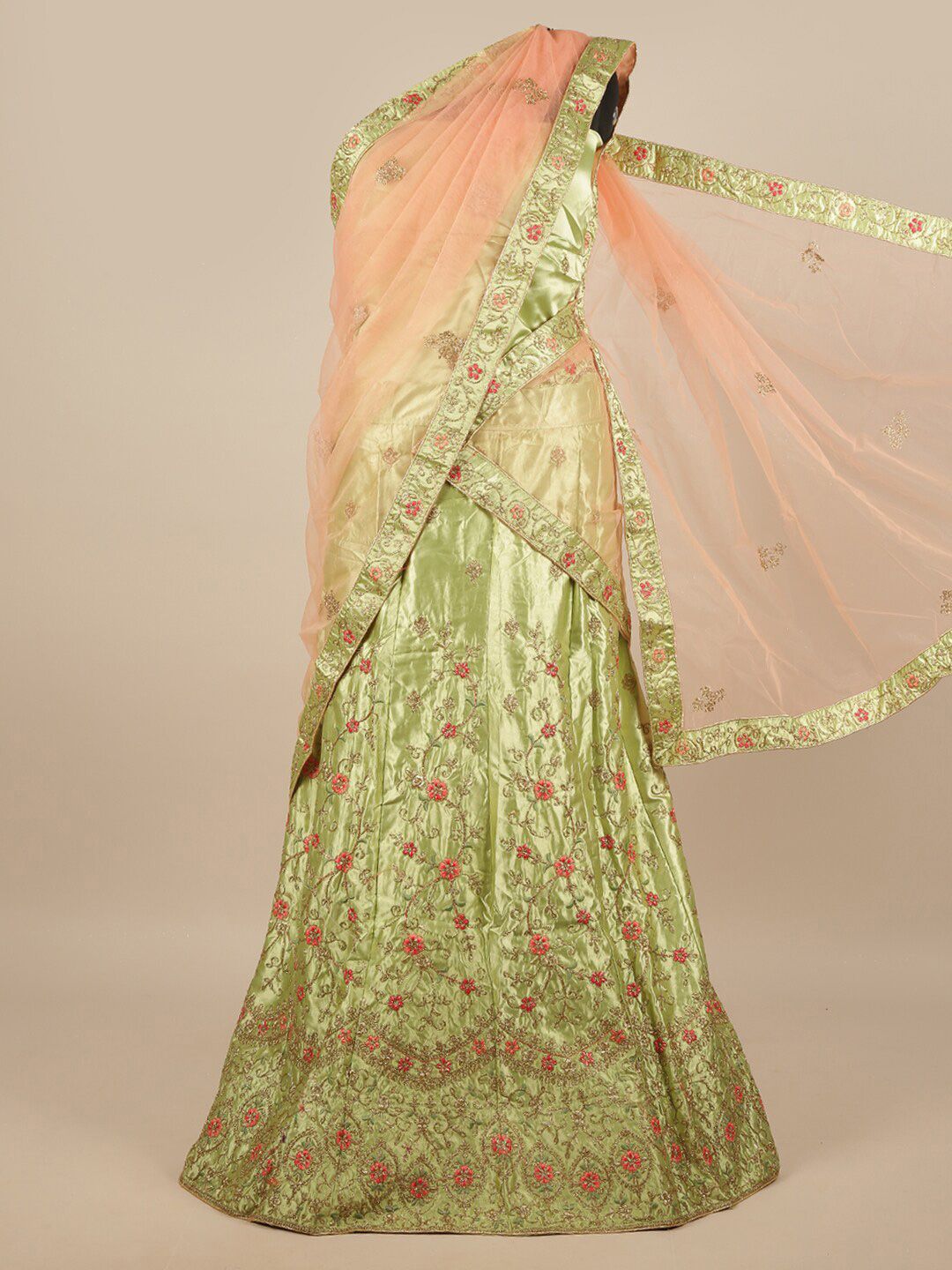 Pothys Peach-Coloured & Green Embroidered Unstitched Lehenga & Blouse With Dupatta Price in India