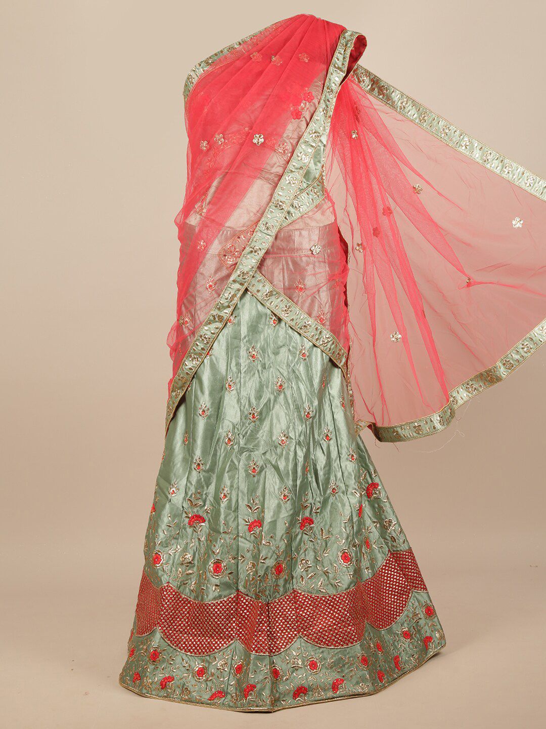 Pothys Pink & Green Embroidered Beads and Stones Unstitched Lehenga & Blouse With Dupatta Price in India