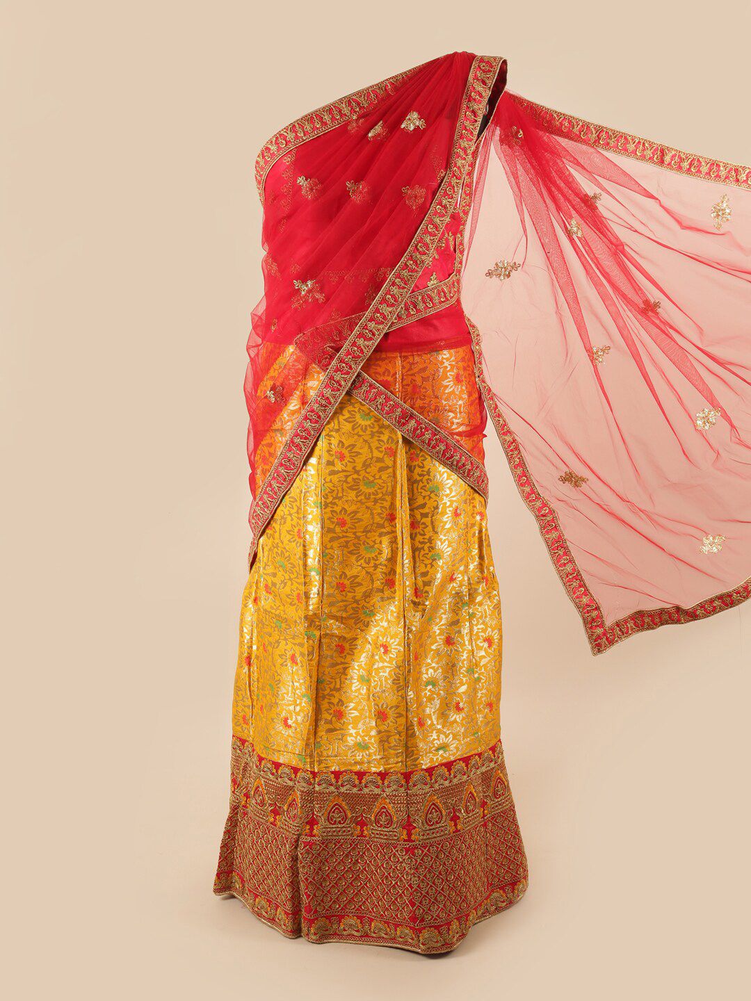 Pothys Red & Yellow Embroidered Unstitched Lehenga & Blouse With Dupatta Price in India