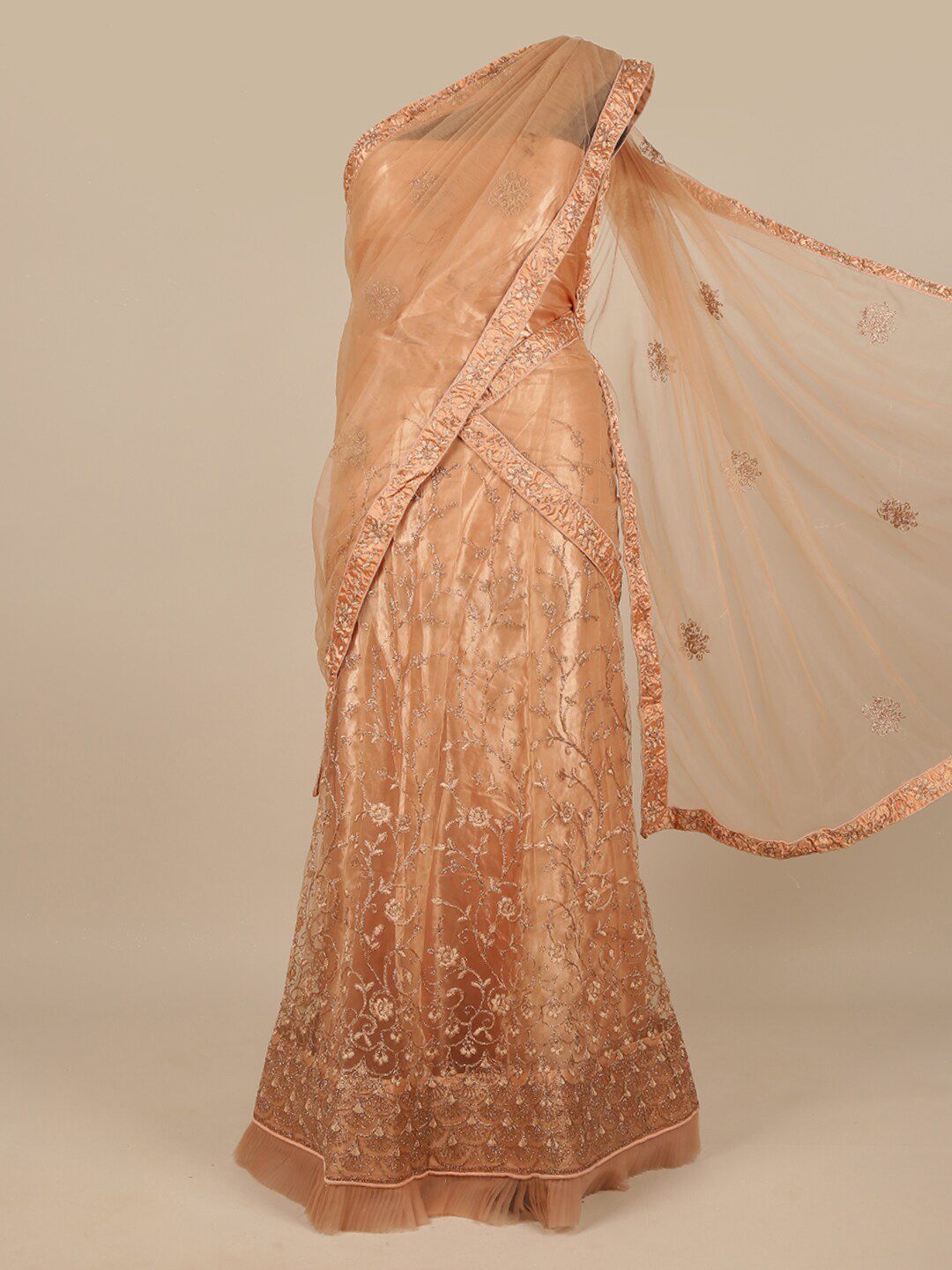 Pothys Peach-Coloured & Gold-Toned Embellished Unstitched Lehenga & Blouse With Dupatta Price in India