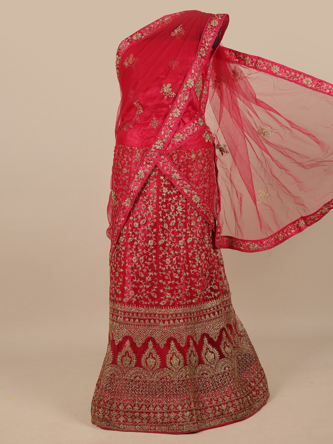 Pothys Red & Gold-Toned Embroidered Unstitched Lehenga & Blouse With Dupatta Price in India