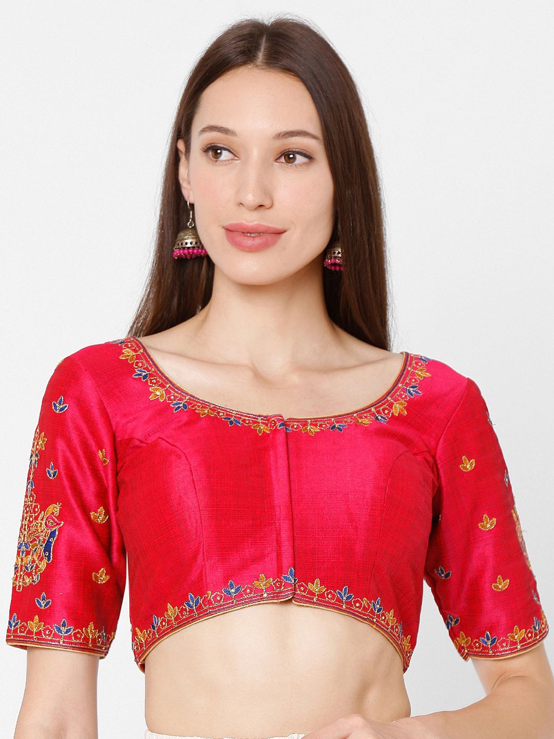 SALWAR STUDIO Pink Embroidered Padded Readymade Saree Blouse Price in India
