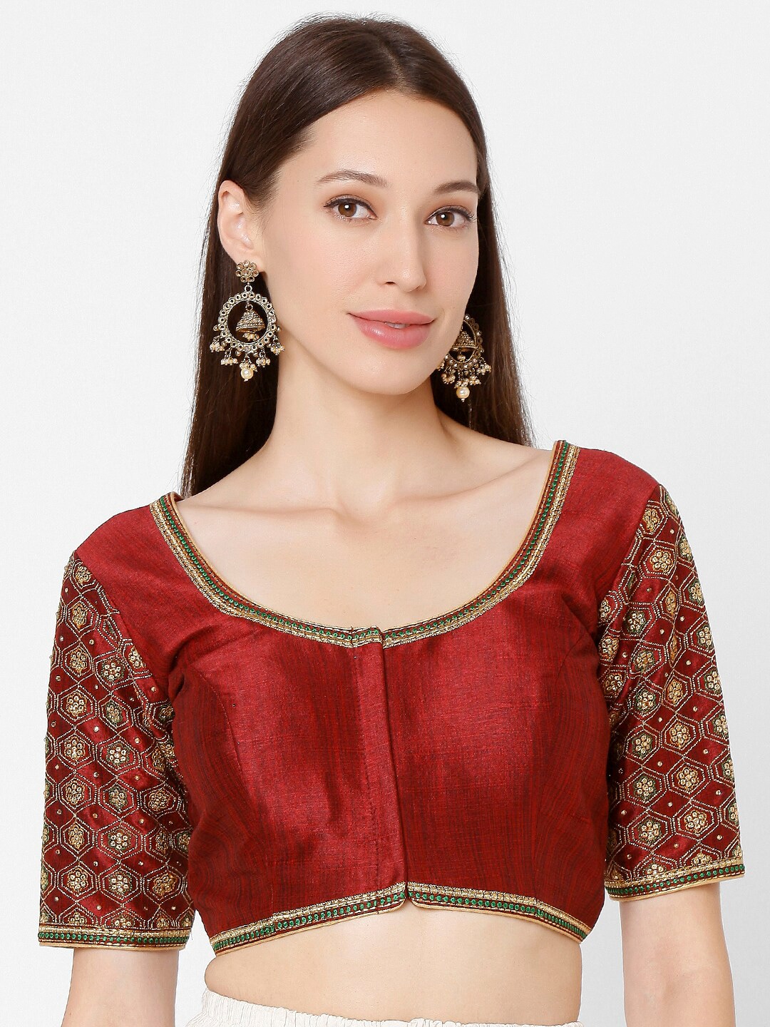 SALWAR STUDIO Maroon & Gold-coloured Embroidered Readymade Saree Blouse Price in India