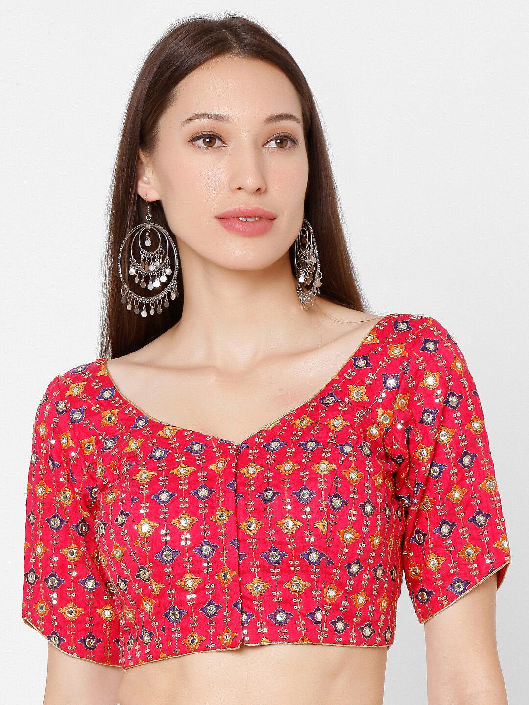 SALWAR STUDIO Magenta-Pink & Blue Coloured Embroidered Brocade Saree Blouse Price in India