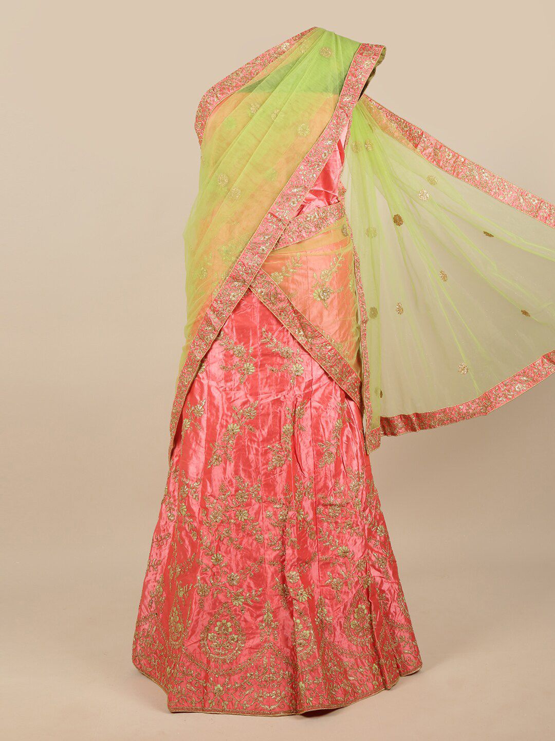 Pothys Green & Pink Embellished Beads and Stones Unstitched Lehenga & Blouse With Dupatta Price in India