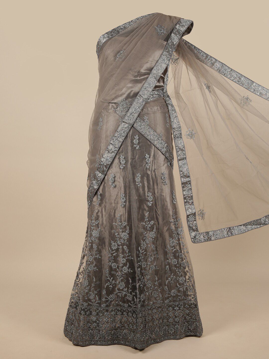 Pothys Woman Grey & Silver-Toned Embroidered Unstitched Lehenga & Blouse With Dupatta Price in India