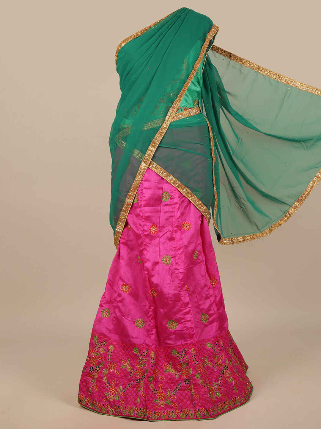 Pothys Green & Pink Embroidered Unstitched Lehenga & Blouse With Dupatta Price in India