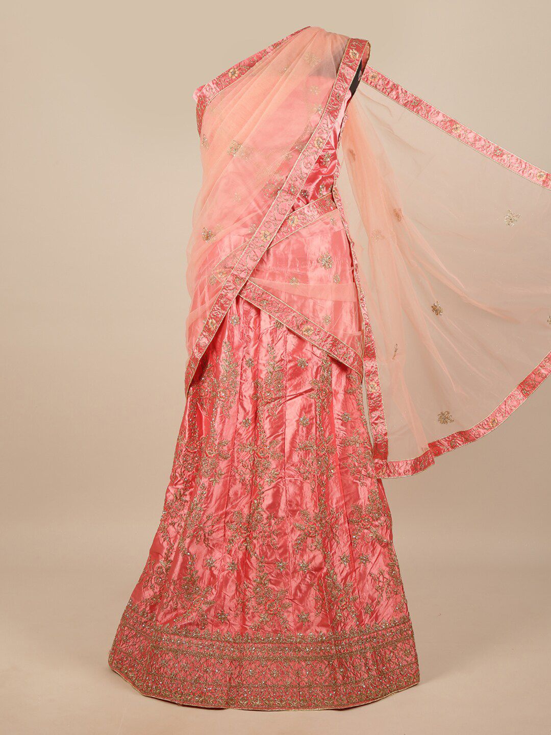 Pothys Pink & Gold-Toned Embroidered Unstitched Lehenga & Blouse With Dupatta Price in India