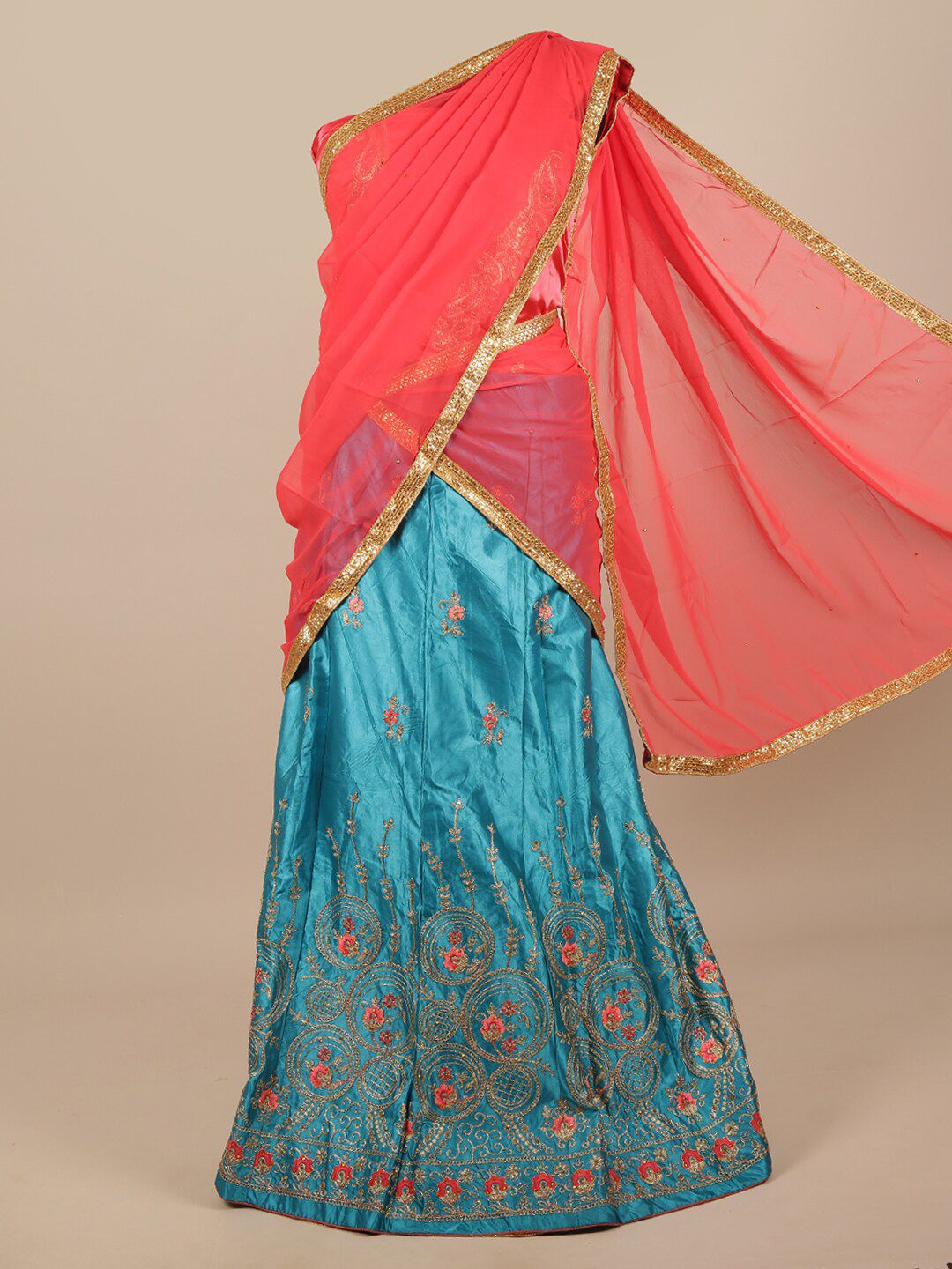 Pothys Blue & Pink Embroidered Unstitched Lehenga & Blouse With Dupatta Price in India