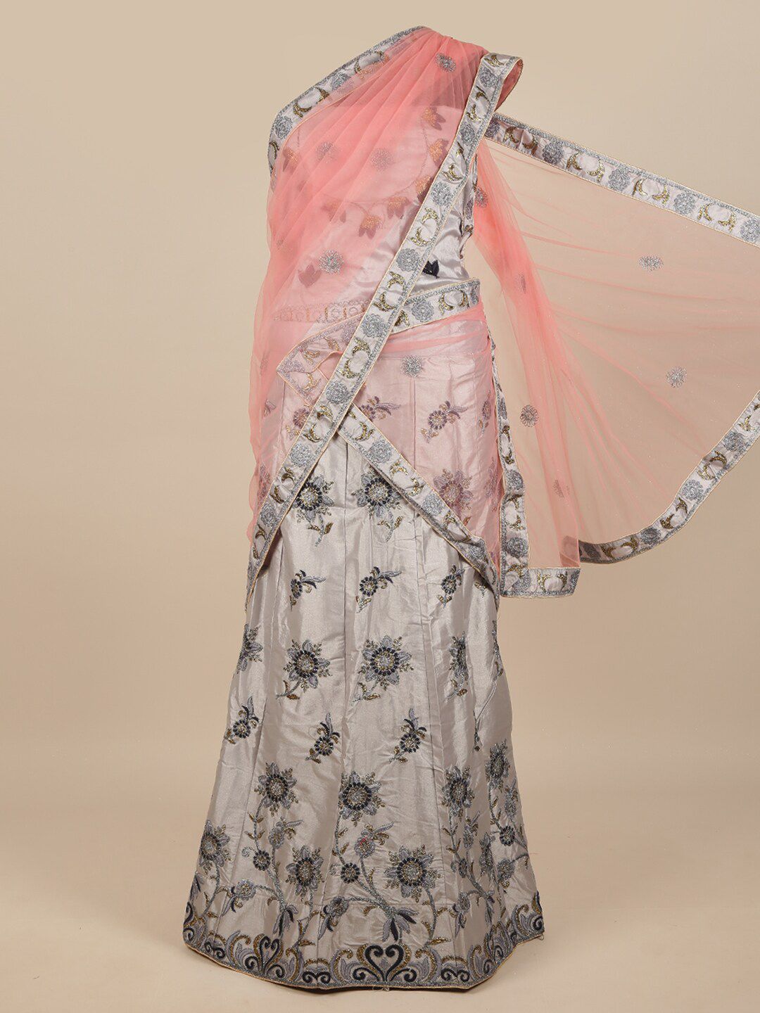 Pothys Pink & Grey Embroidered Thread Work Unstitched Lehenga & Blouse With Dupatta Price in India