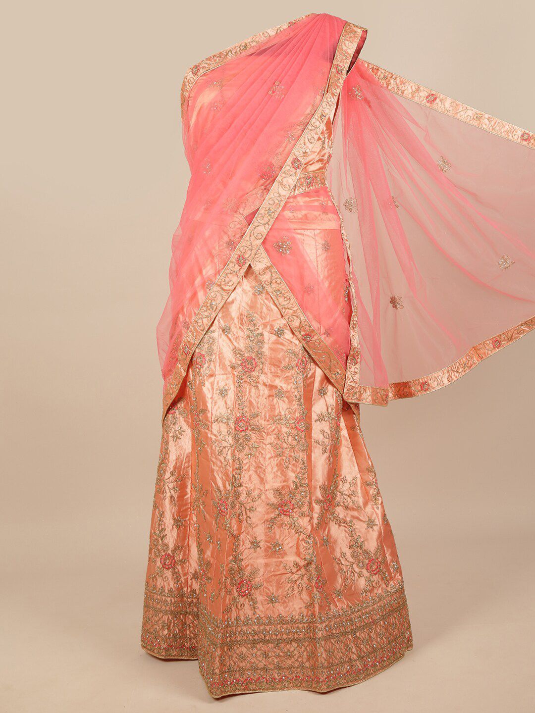 Pothys Pink & Gold-Toned Embroidered Unstitched Lehenga & Blouse With Dupatta Price in India
