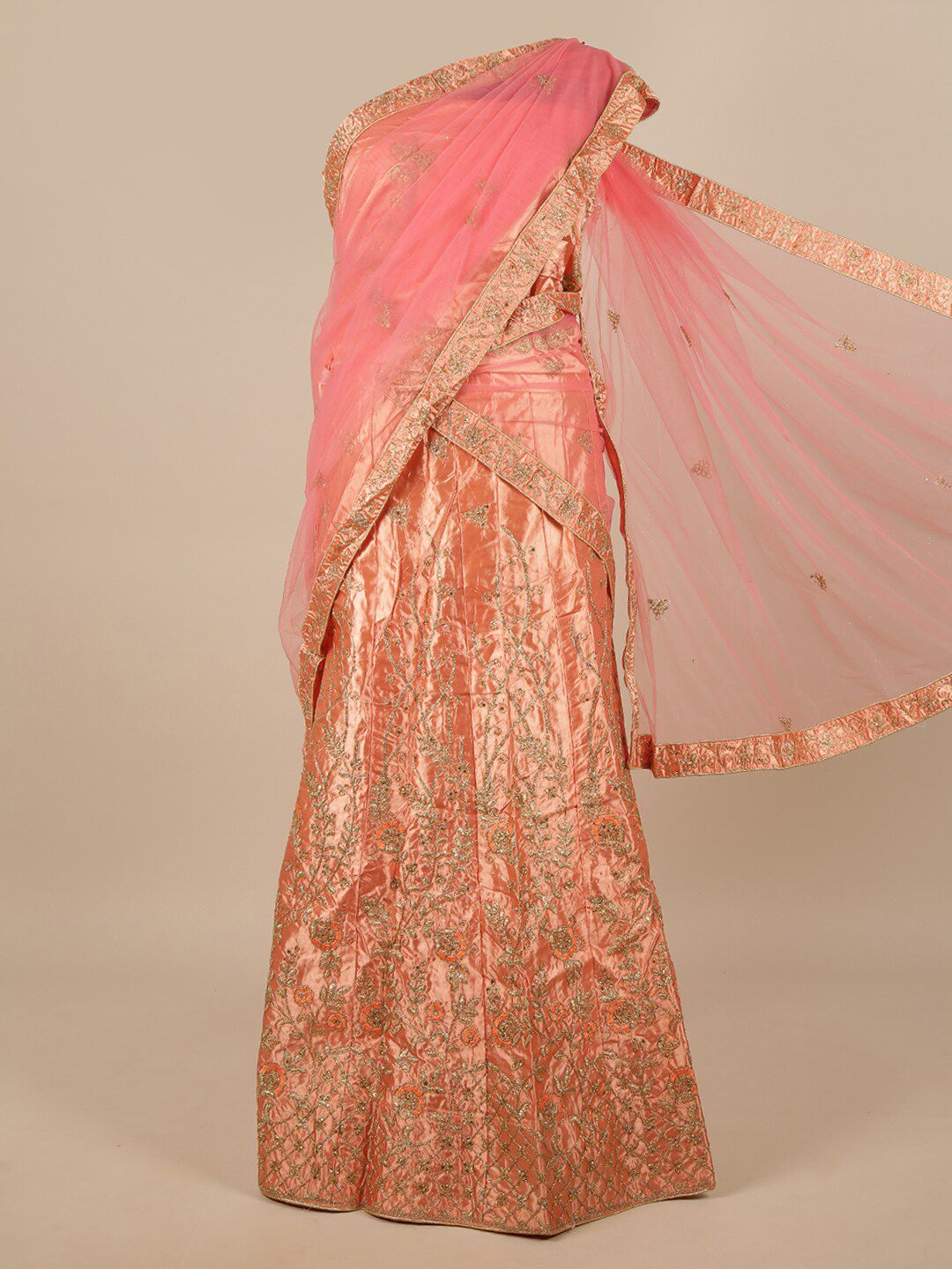 Pothys Pink & Gold-Toned Embroidered Unstitched Lehenga & Blouse With Dupatta Price in India