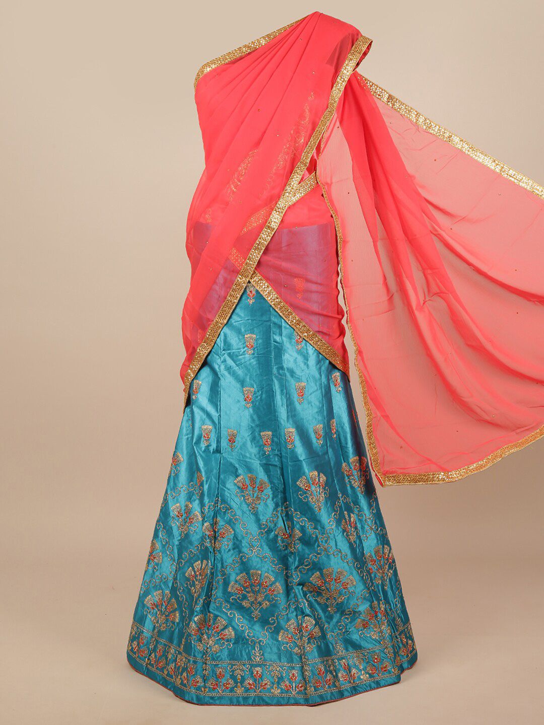 Pothys Pink & Blue Embroidered Unstitched Lehenga & Blouse With Dhavani Price in India