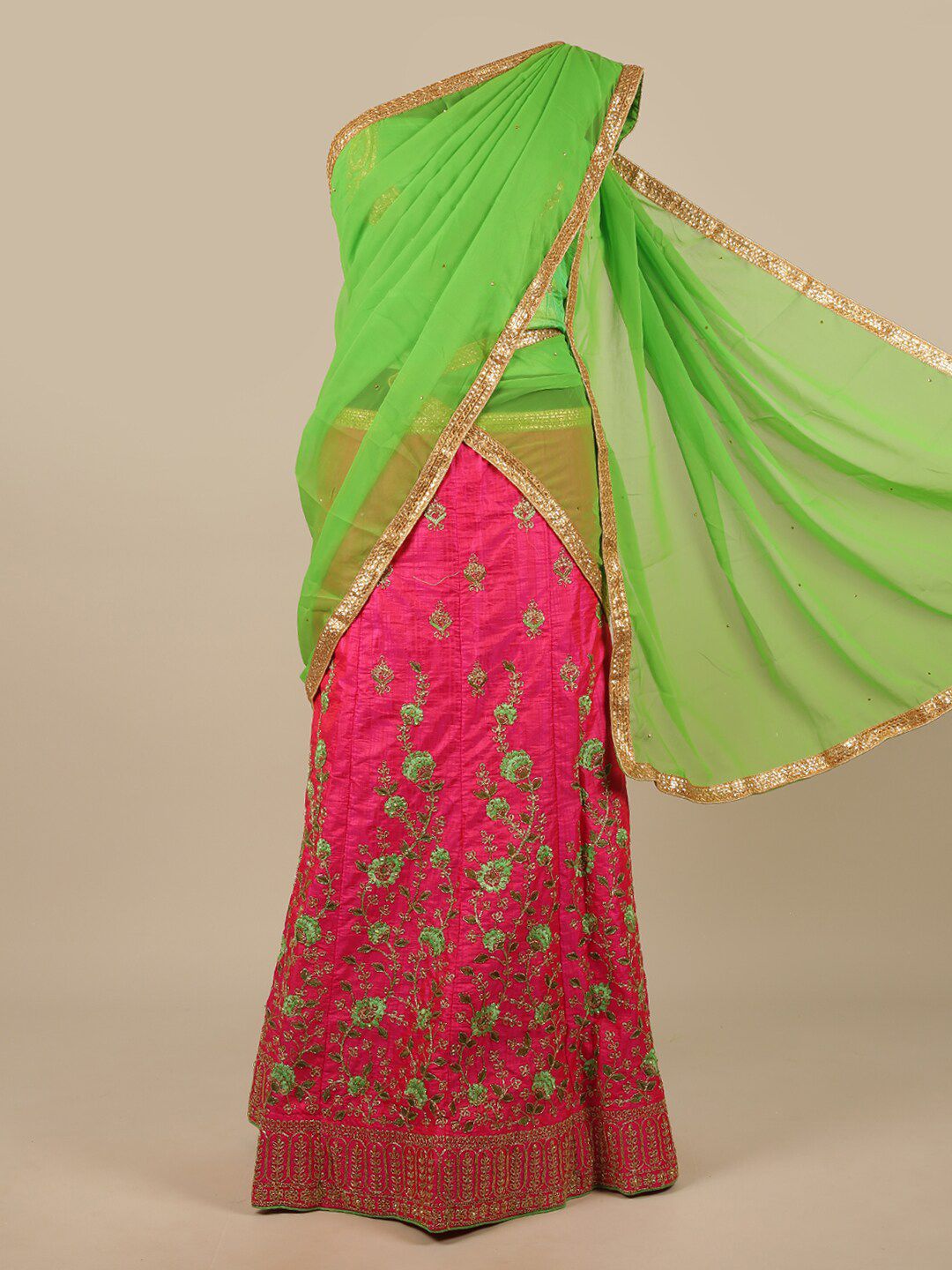Pothys Green & Pink Embroidered Unstitched Lehenga & Blouse With Dupatta Price in India
