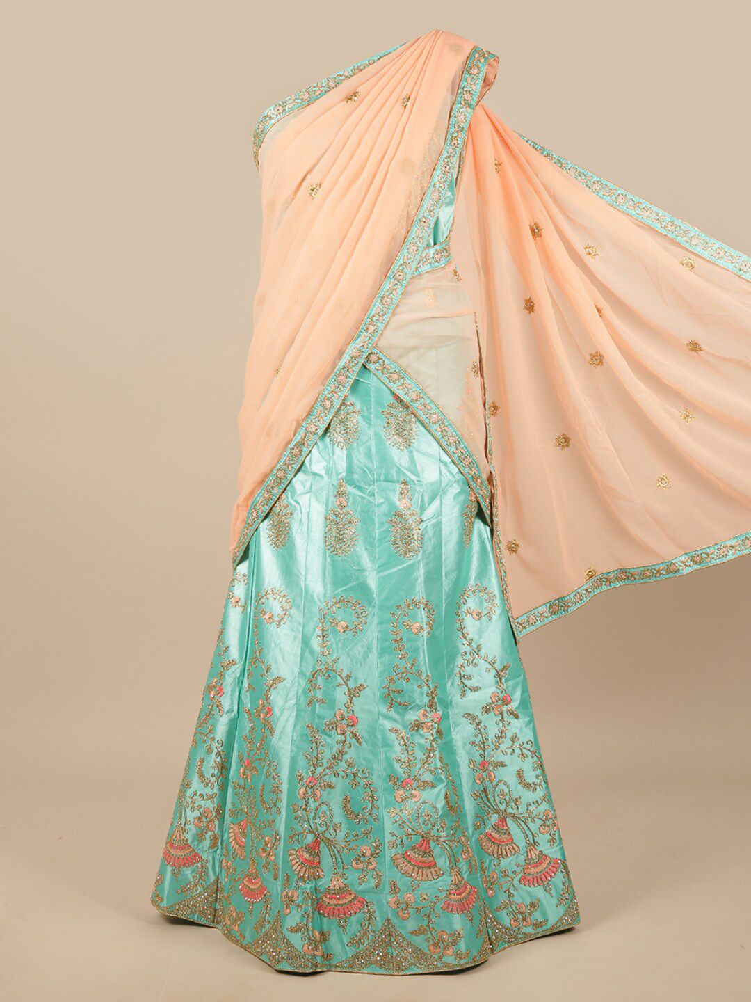 Pothys Peach-Coloured & Green Embroidered Unstitched Lehenga & Blouse With Dupatta Price in India