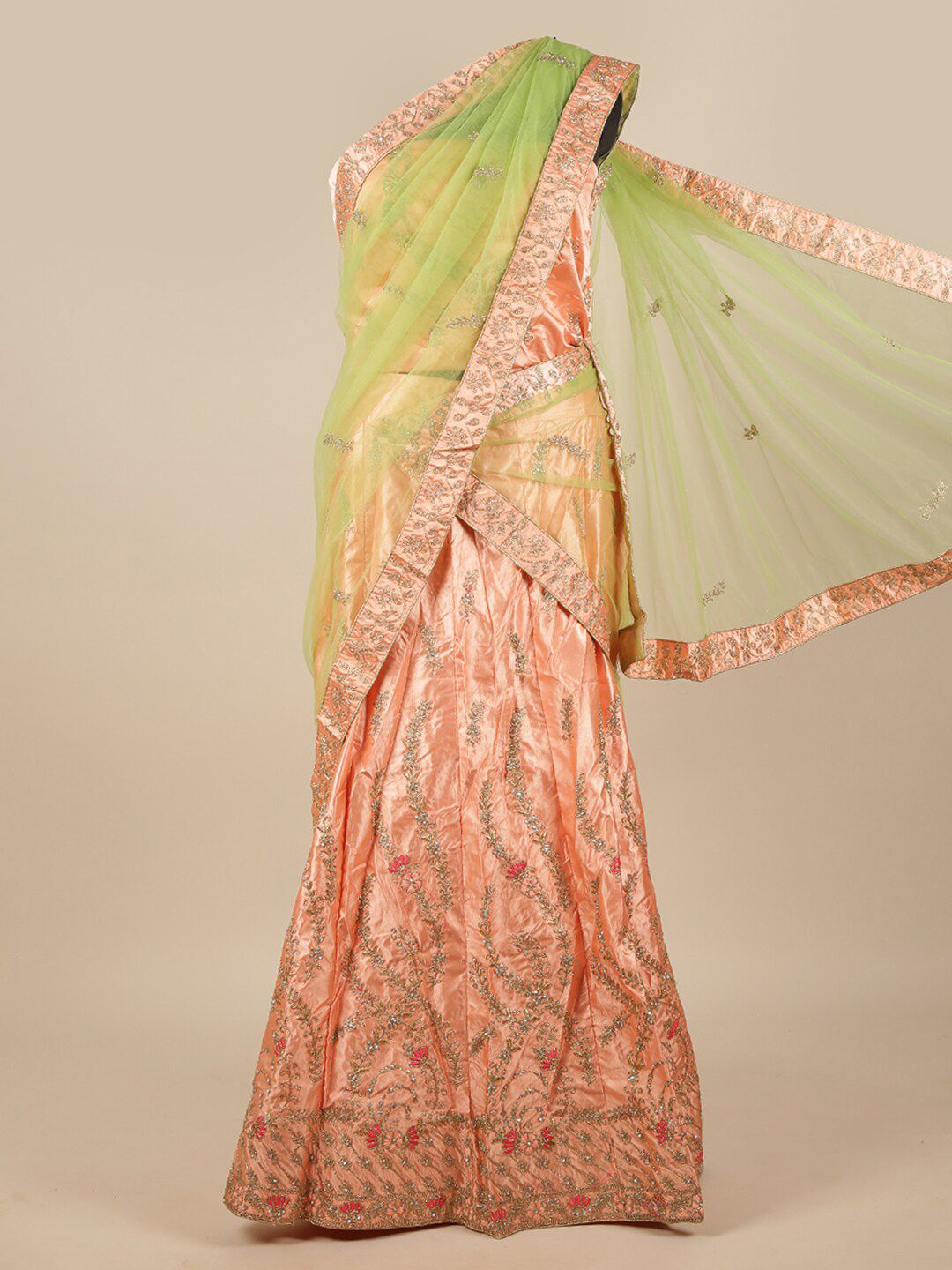 Pothys Green & Peach-Coloured Embroidered Unstitched Lehenga & Blouse With Dupatta Price in India