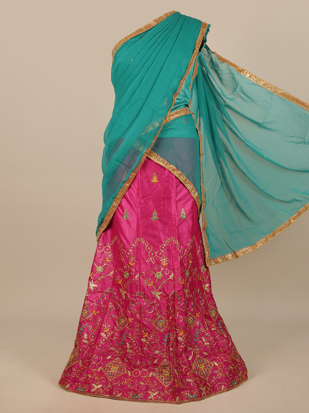 Pothys Green &Pink Embroidered Unstitched Lehenga & Blouse With Dupatta Price in India