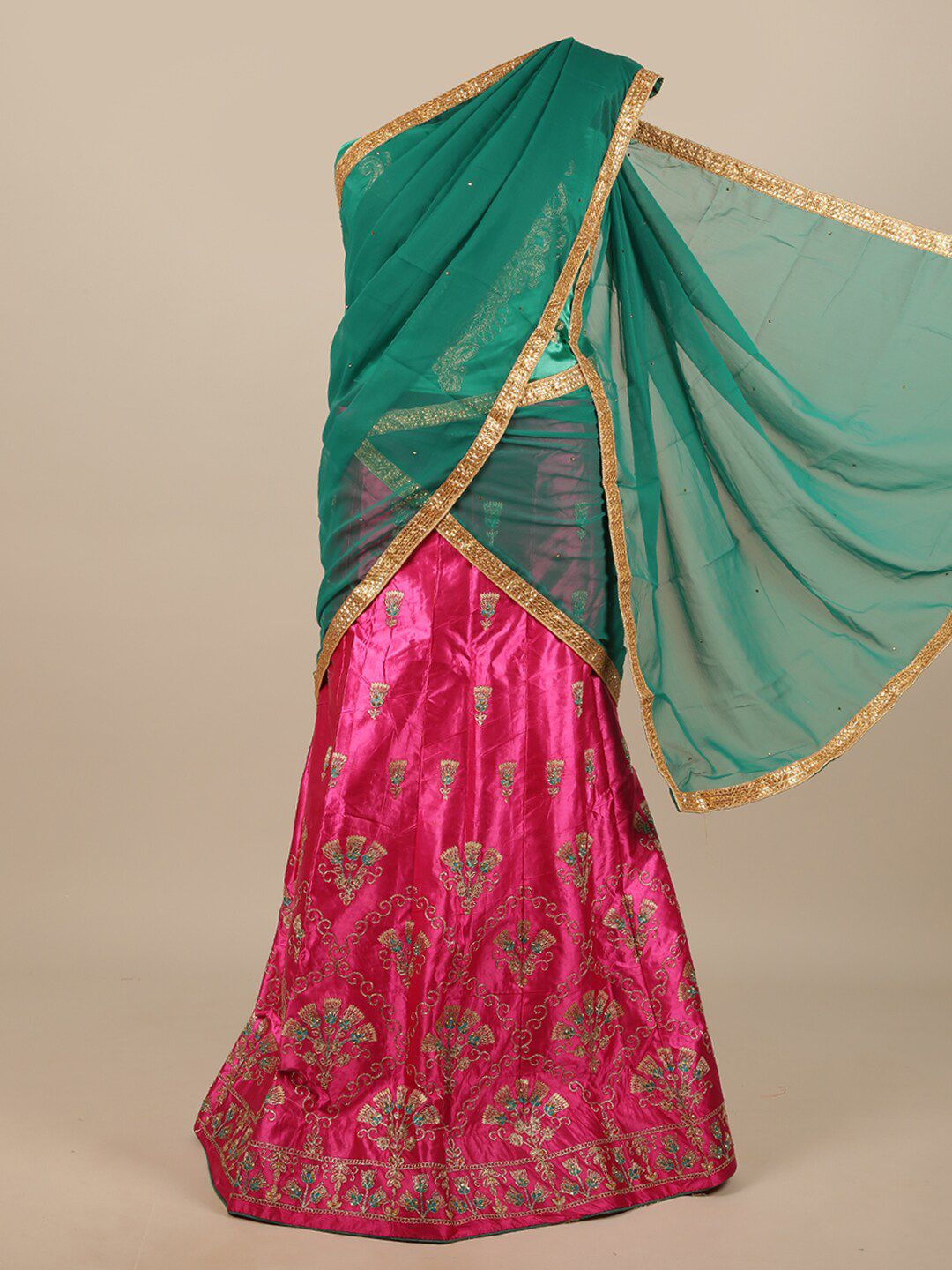 Pothys Women Green & Fuchsia Embroidered Unstitched Lehenga Choli With Dupatta Price in India