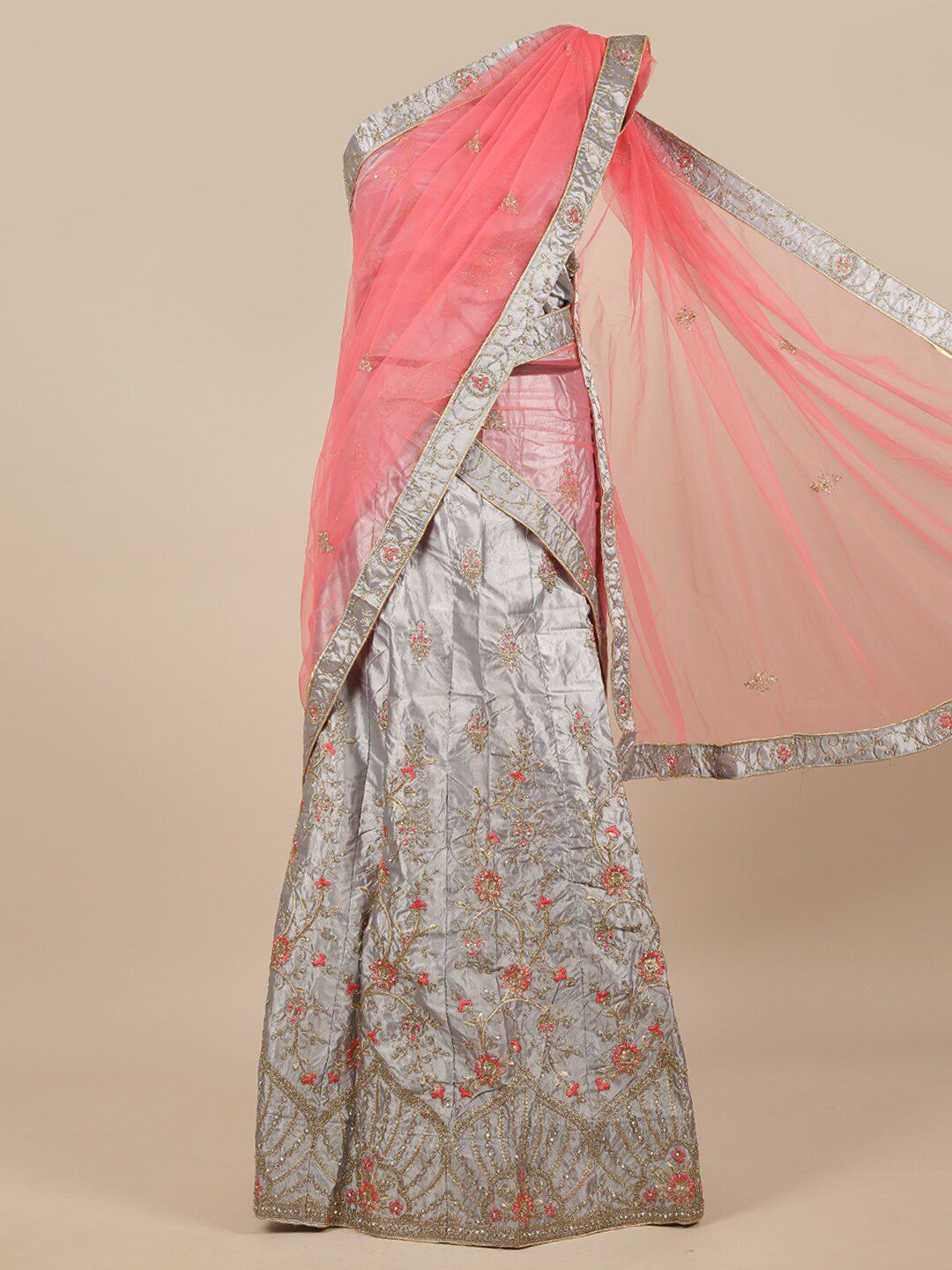 Pothys Pink & Silver-Toned Embellished Unstitched Lehenga & Blouse With Dupatta Price in India