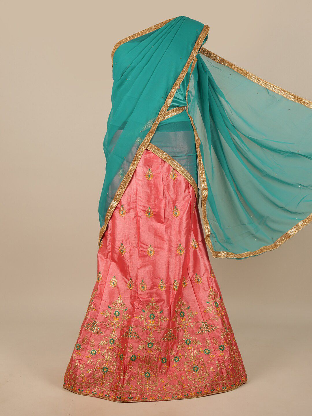 Pothys Green & Peach-Coloured Embroidered Unstitched Lehenga & Blouse With Dupatta Price in India